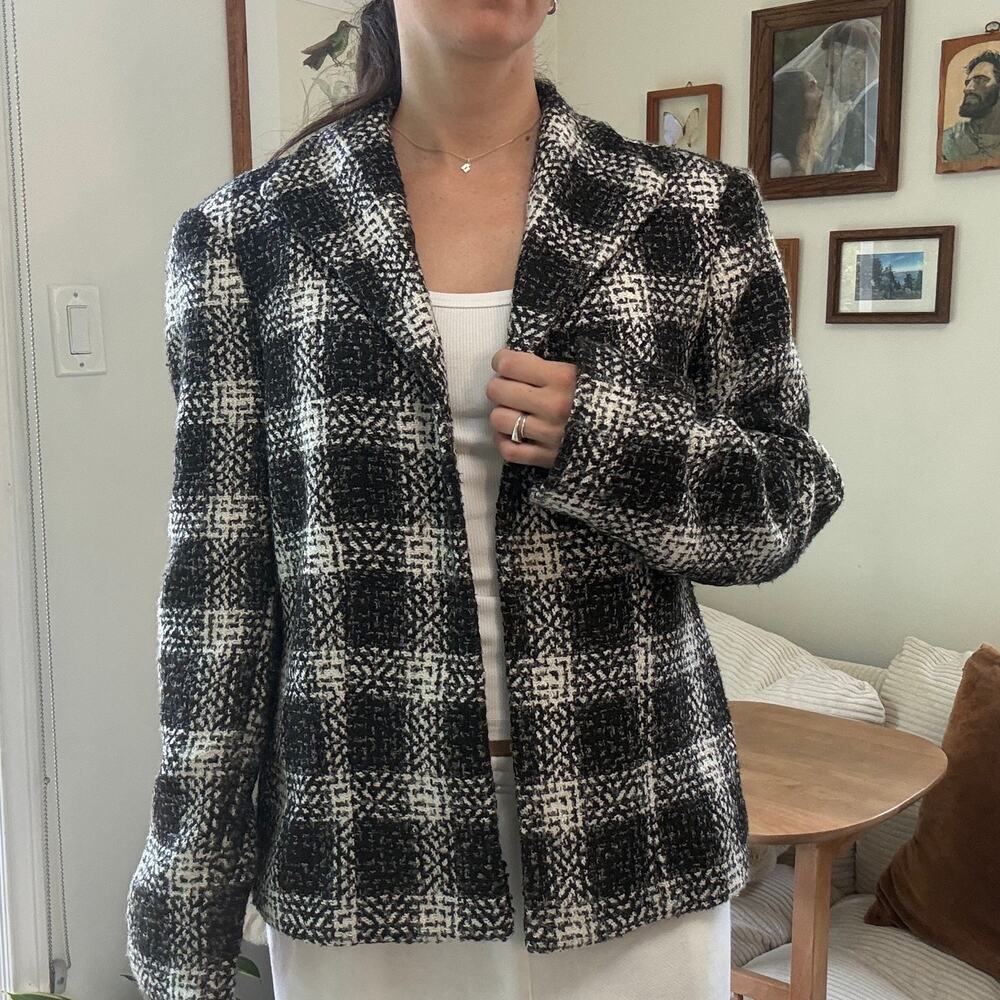 Vintage Plaid Black White Tweed Blazer Jacket Blazer Size XL